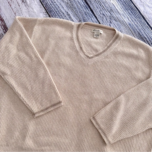 Eddie Bauer Sweaters - Vintage Eddie Bauer 100% Cotton Waffle Knit Boxy Fit Beige Sweater